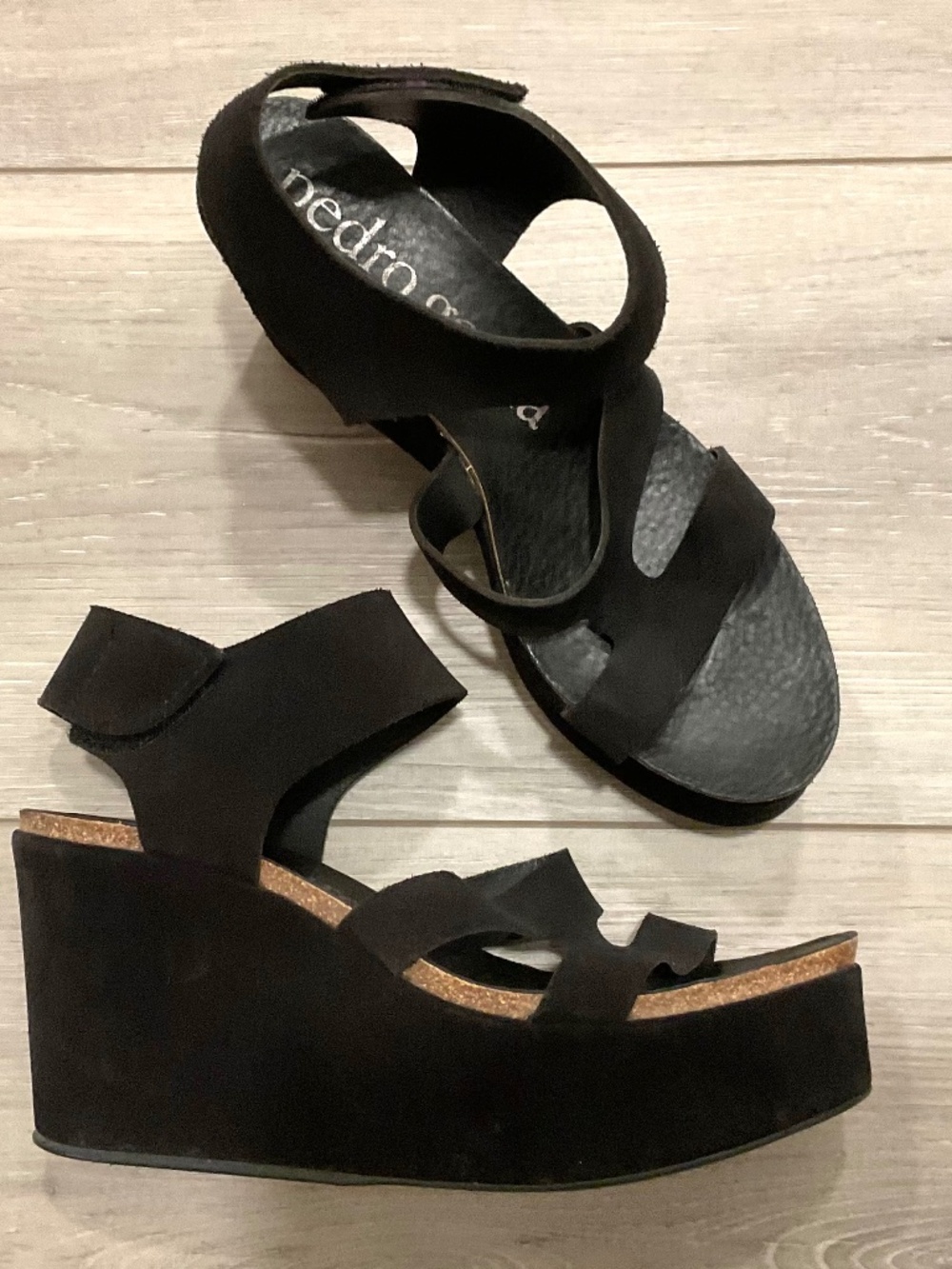 PEDRO GARCIA Wedge Platform Black Suede Sandals Size 9 EU 39